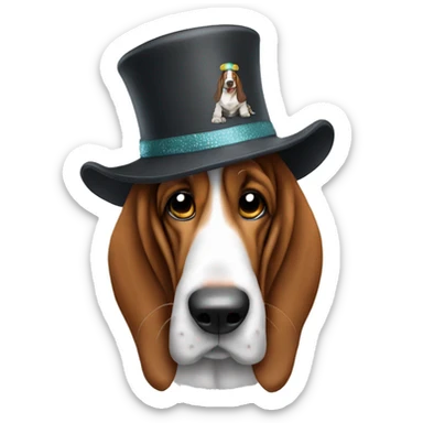 Basset hound wearing a cool hat sticker
