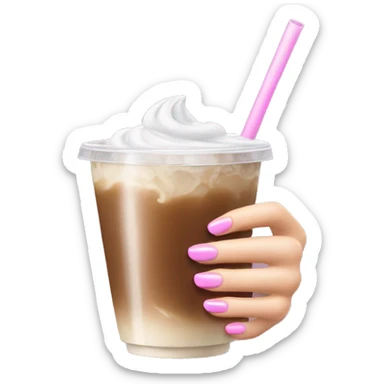 white left female hand with long pink nails clutching iced  coffee sticker