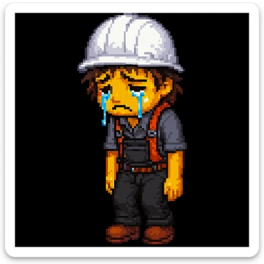 Make the sad construction worker look even sadder, with tears, slumped posture, and a gloomy expression in pixel-art style sticker