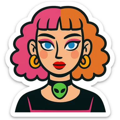 girl with blue eyes, pink makeup, narrow eyebrows, earrings, green alien head choker, black and pink blouse, curly hair to shoulders, hair half hot pink and half ginger, short straight baby bangs sticker