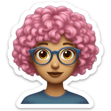girl with curly blue hair and bangs and skinny pink round glasses sticker