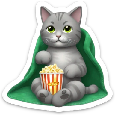 Grey Russian cat sitting like a person tucked with a Green Pendleton blanket while eating popcorn and watching a movie sticker