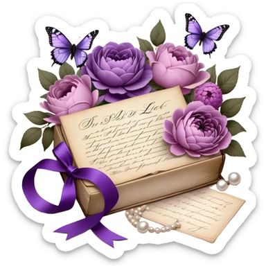 An antique love letter bundle, bound delicately with a purple silk ribbon, rests beside an arrangement of dried blush violet roses, lilac peonies, and soft purple dahlias, while a silver butterfly brooch adorned with pearls seems to pause, captivated by the deep violet inked calligraphy flowing across the aged parchment. sticker