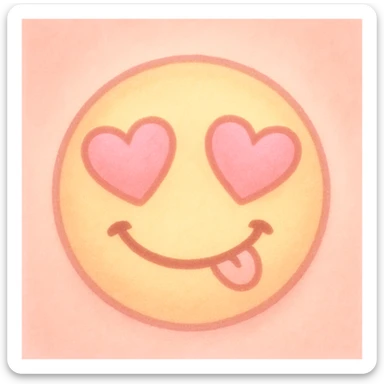 cute emoji, heart eyes, playful grin, pastel pink and yellow sticker