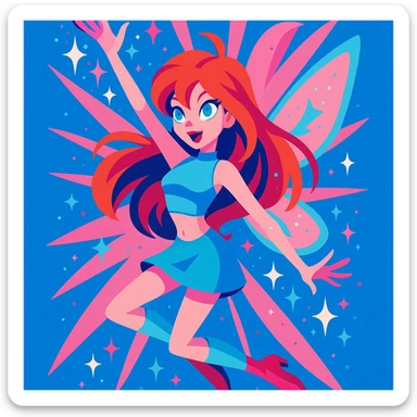 Winx Club Bloom, magical transformation, sparkling effects, blue and pink color palette, dynamic pose sticker