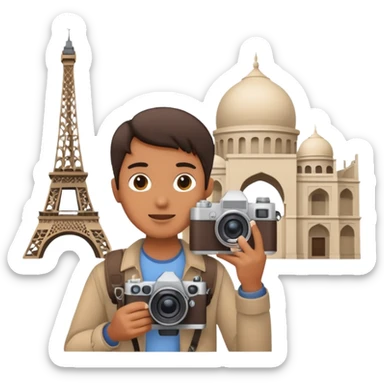a person with a camera in front of a famous landmark, overseas filming sticker