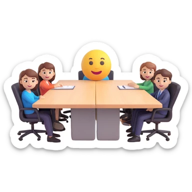 a cartoon person in front of a meeting table split in half, playful and clear, emoji style sticker