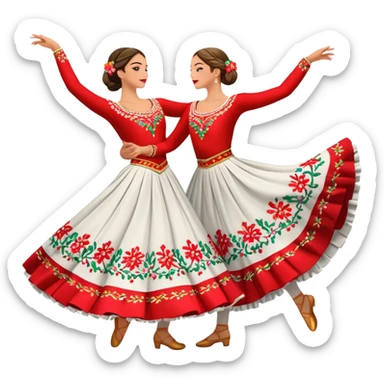 Cinematic Realistic scene of two dancers performing the Tarantella, dressed in vibrant, flowing traditional costumes with detailed embroidery and dynamic skirts, captured in festive motion with warm, lively lighting sticker