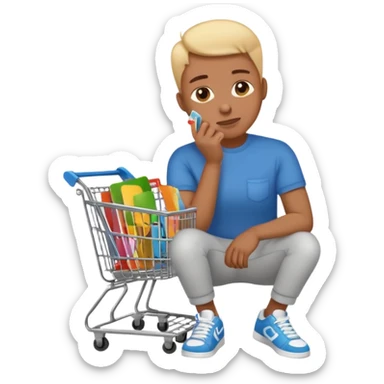 Emoji-style illustration of a person holding a credit card, hand on chin thinking. A thought bubble above the head showing clothes, sneakers, and a shopping cart, representing deciding whether to spend money. Clean, modern emoji style, bright colors, white or transparent background. sticker