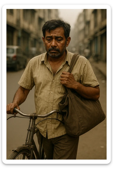 Add a simple bicycle next to the poor Indian father as he walks to work, keeping the realistic style and urban background. sticker