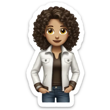 Curly dark brown hair medium length white skin leather jacket sticker