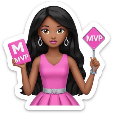 Black barbie, long black  hair, pink dress holding mvp sign  sticker