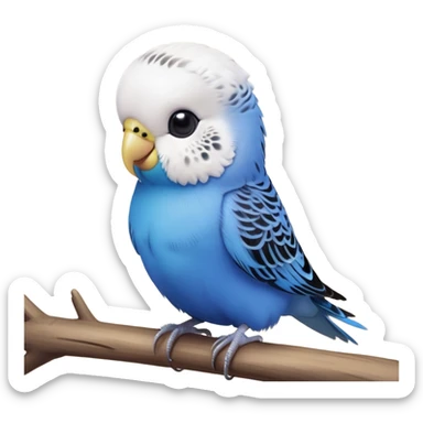 cinematic-cute-blue-budgie-portrait-emoji,-head-tilted-playfully-and-inquisitively,-featuring-a-brilliant-blue-feathered-fur-and white and black feathered face-with-a-natural-sheen,-round,-sparkling-dark-eyes-filled-with-curiosity,-simplified-yet-irresistibly-adorable sticker