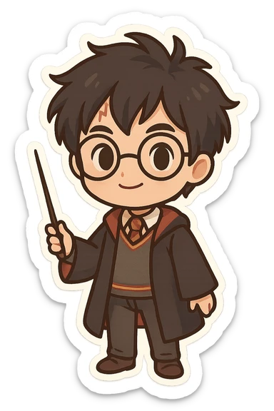 cute chibi character inspired by Harry Potter, messy black hair, round glasses, scar on forehead, Hogwarts uniform with sweater, tie, pants, and shoes, holding a wand, transparent background sticker