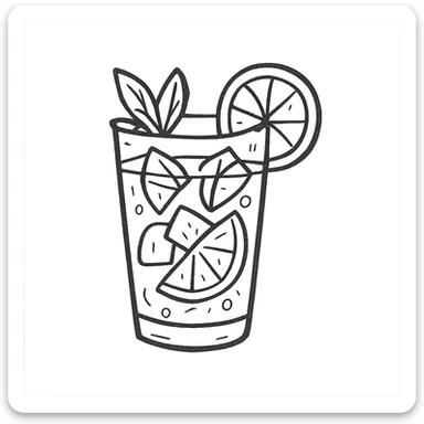 mojito in a glass with mint leaves and lime, refreshing and detailed, hand-drawn style sticker