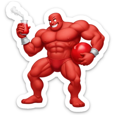 Red pitcher Kool-Aid man character with muscular legs smoking a bong sticker