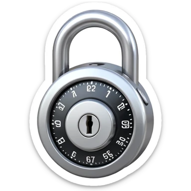 Shiny round metallic combination lock with rotating numbered dial at the center and a curved heavy shackle on top – symbol of security, access control, and protection sticker
