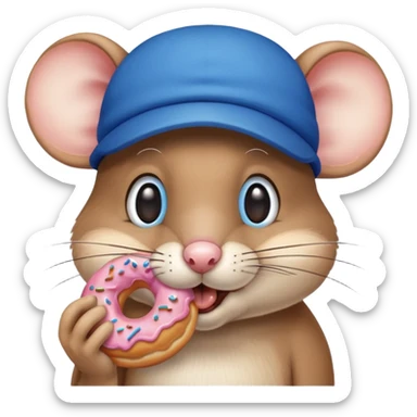 A mouse eating a donut with a blue hat and a human nose  sticker