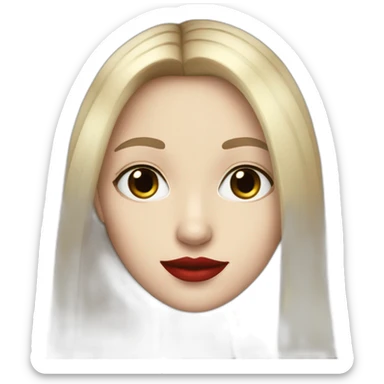 straight long hair,red lipstick,black eyes, white skin and a small nose sticker