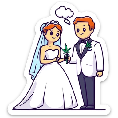 Bride in white dress and groom in tuxedo sharing a cannabis joint, cheerful cartoon wedding couple with festive colorful background sticker