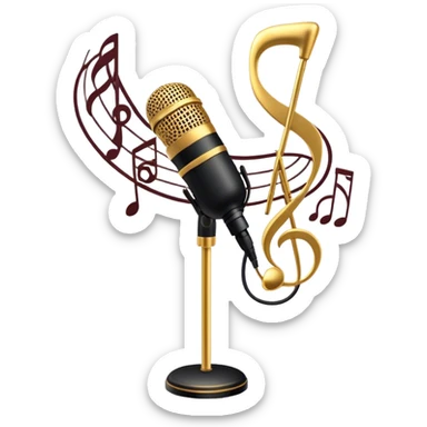 Create a sophisticated and smooth emoji representing jazz vocal performance. The design should feature a stylized microphone, with musical notes swirling around it to convey the fluid, improvisational nature of jazz. Add subtle elements like a vintage microphone stand or a hint of a singer’s silhouette in the background to reflect the live, intimate feel of jazz performance. Use deep, rich colors like gold, black, and burgundy to evoke the classic, smooth vibes of jazz. The background should be transparent. sticker