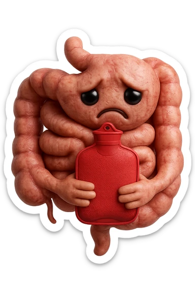 emoji stile iphone di un intestino che si tiene la borsa dell'acqua calda al centro, espressione di tristezza in volto, iperrealistico 4k sticker