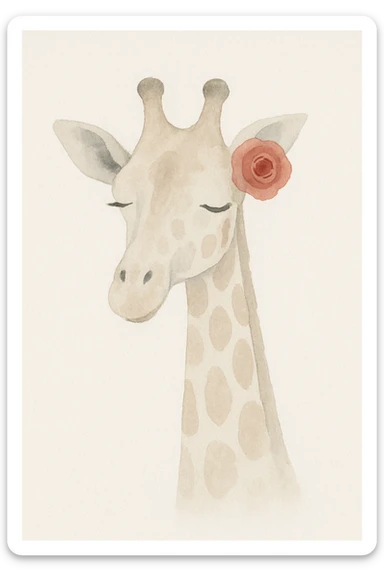 a whimsical giraffe with a red rose behind her ear, soft painterly style sticker