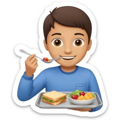 middle school student eating lunch, tray with food, smiling sticker