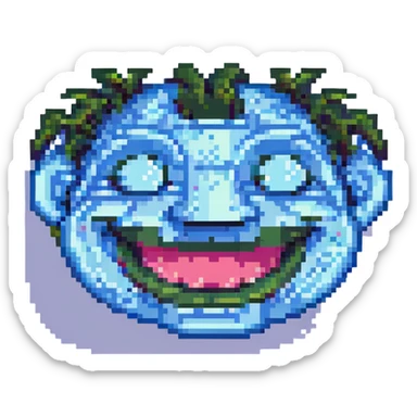 Create a pixel art troll face with a big grin and blocky features inspired by the provided reference. sticker