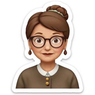 Old woman with brown hair one bun and glasses, white European sticker