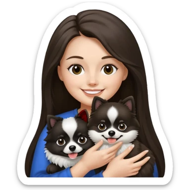 A woman who has brunette long hair is holding a black and white 1 Pomeranian dog who has black face but in the middle he has a white line from the nose sticker