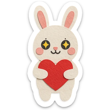 white bunny holding a big heart with sparkling eyes, paper-craft style sticker