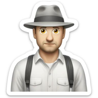 tim robinson wearing a grey fedora white shirt only looking scared and sad facing left - fabric attached to back of hat covering neck sticker