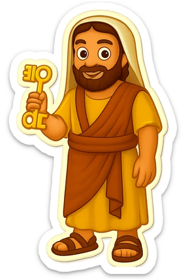 Make the colors even lighter and more saturated, matching the classic emoji yellow skin and bright robe style. Keep the sleeveless shirt and plain robes. Fullbody apostle Peter holding keys with full beard and intricate clothing, standing, no background. sticker