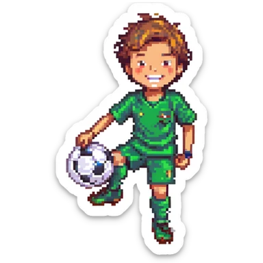 cheerful 9-year-old boy in 2nd grade playing soccer joyfully, smiling and kicking a ball, pixel art style sticker