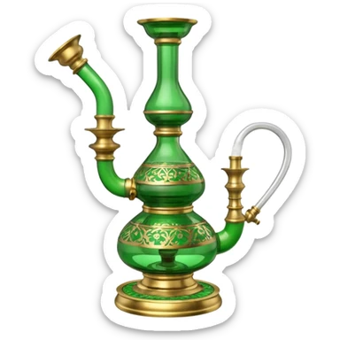 Brass hookah with green design on a glass water base on the top; with two pipes from the side all pouting on top sticker