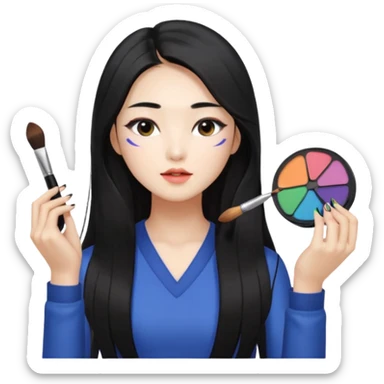 Korean woman with long hair applying makeup to upper body, using various makeup tools, natural expression, bright lighting sticker