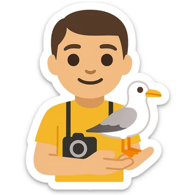 Minimalist emoji-style illustration of a smiling photographer holding a seagull in their hands and a camera around the neck. Simplified, clean lines, vibrant colors, small size sticker
