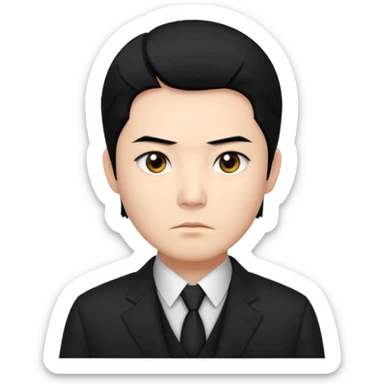 Chinese man with an intense, cold gaze, straight black hair, dark eyes, wearing a designer black suit sticker