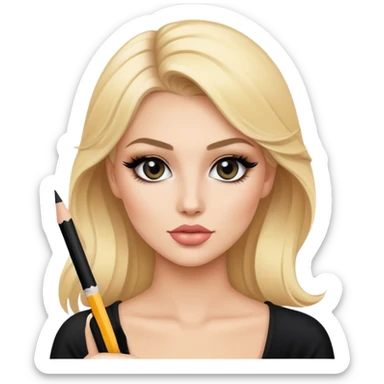 luxury blonde makeup artist model wearing black, holding a pencil sticker