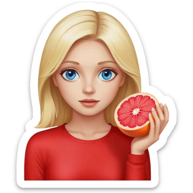 Beautiful blonde with blue eyes holds a cut piece of grapefruit instead of an eye, wearing a red long sleeve sticker