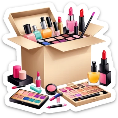 an opened box with various beauty items spilling out, including makeup, skincare, and perfume sticker