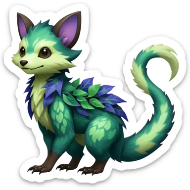 Realistic Sharp swampy mossy elemental ivy floral detailed Colorful translucent luminescent glowing Trico-Noibat-batty-Sergal-Furret-Ferret-Wolverine-Vernid-furry-fursona-fusion-Fakemon-animal-hybrid-creature, full body sticker