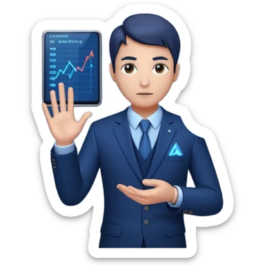 Professional AI auditor avatar, serious expression, dark blue suit with subtle tech details. Holding a holographic binary decision graph (0 vs 1) with a glowing threshold line. Clean vector style, corporate and analytical vibe. sticker