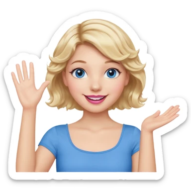 Girl Blonde short wavy hair,  blue eyes, cute blue top, long lashes, pink lips, smiling, hand in the air sticker