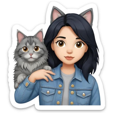 girl with black hair wearing denim jacket with gray maine coon cat sticker