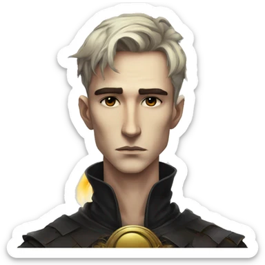 Hamlet young skinny sad man iridescent hair wearing raven feathers with a gilded hourglass and golden flames yin yang chess board sticker