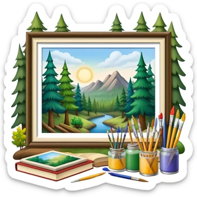 forest where trees a painting brushes, paints, pencils, books sticker