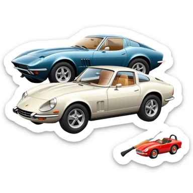 Collage emoji symbolizing a passion for cars: a sleek sports car, a vintage classic car, and an off-road SUV. The background features a cozy garage with tools, car posters, and warm lighting, emphasizing a home hobby atmosphere. Transparent background. sticker