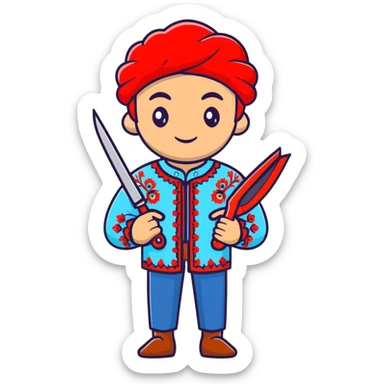 Ukrainian man in traditional embroidered vyshyvanka shirt holding red scissors in one hand and a spanner in the other hand sticker